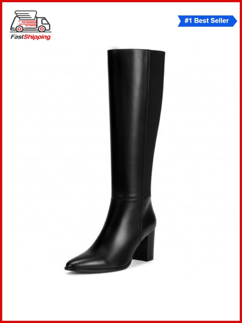 ✨ Vipost Pointed Toe Block Heel Knee High Boots Faux Leather Zip